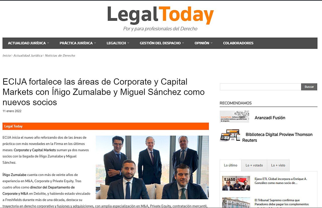 ECIJA fortalece las reas de Corporate y Capital Markets con igo Zumalabe y Miguel Snchez como nuevos socios